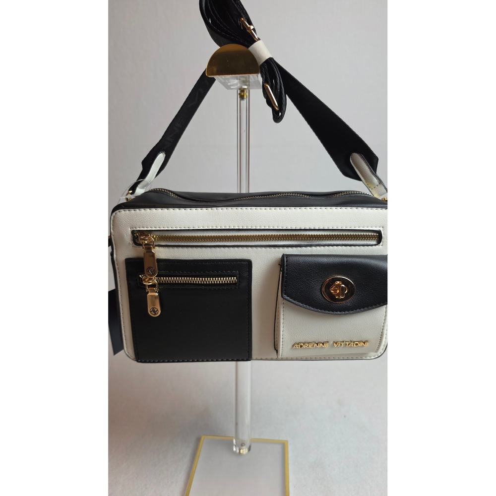Adrienne Vittadini Lafayette Multi Front Pocket Crossbody Bag Black White NEW